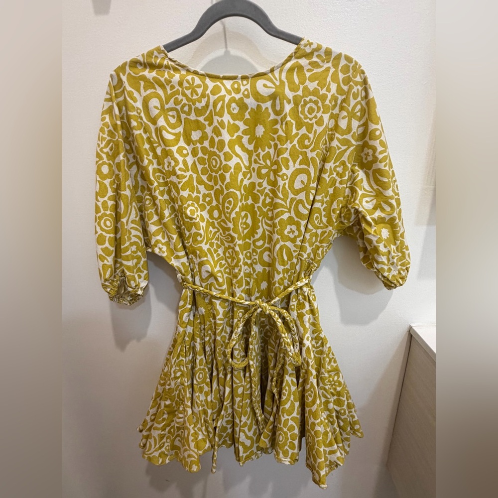 Aakaa Mustard Floral 3/4 Sleeve Belt Dress